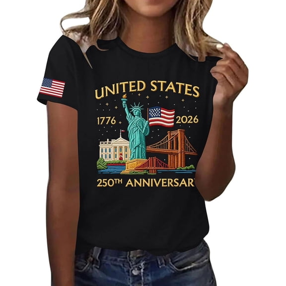 USA Merchandise 250th Anniversary – Women's 250 Years of Freedom Shirt, 1776-2026 American Independence Top, Cute Patriotic Tee for Gifts & Parties(Black,L)