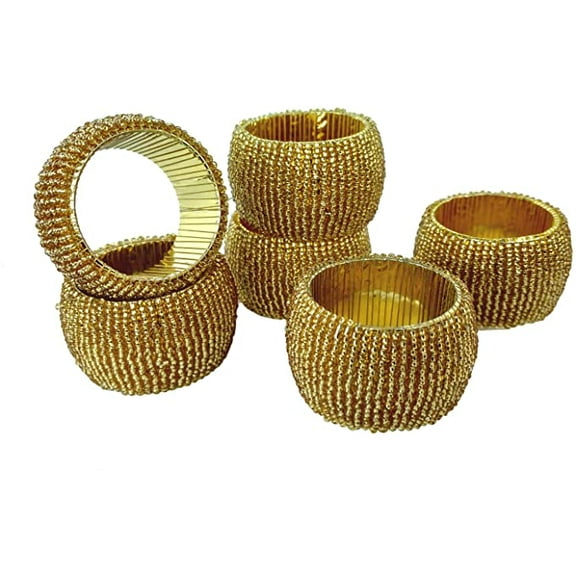 Rastogi Handicrafts Napkin Ring Golden Beaded Napkin Ring Holders, Birthday, Christmas, Any Occasion Gift Set of 6