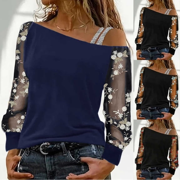 felwors Women's Floral Embroidery Mesh T Shirt Cold Shoulder Long Sleeve Asymmetrical Neck Tee Tops (Black, L)