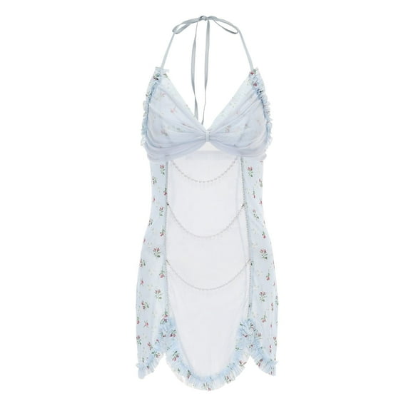 Leisurelife.Store Women's Mesh Backless Pearl Accented Elegant Nightgown, Light Blue 1-Pack
