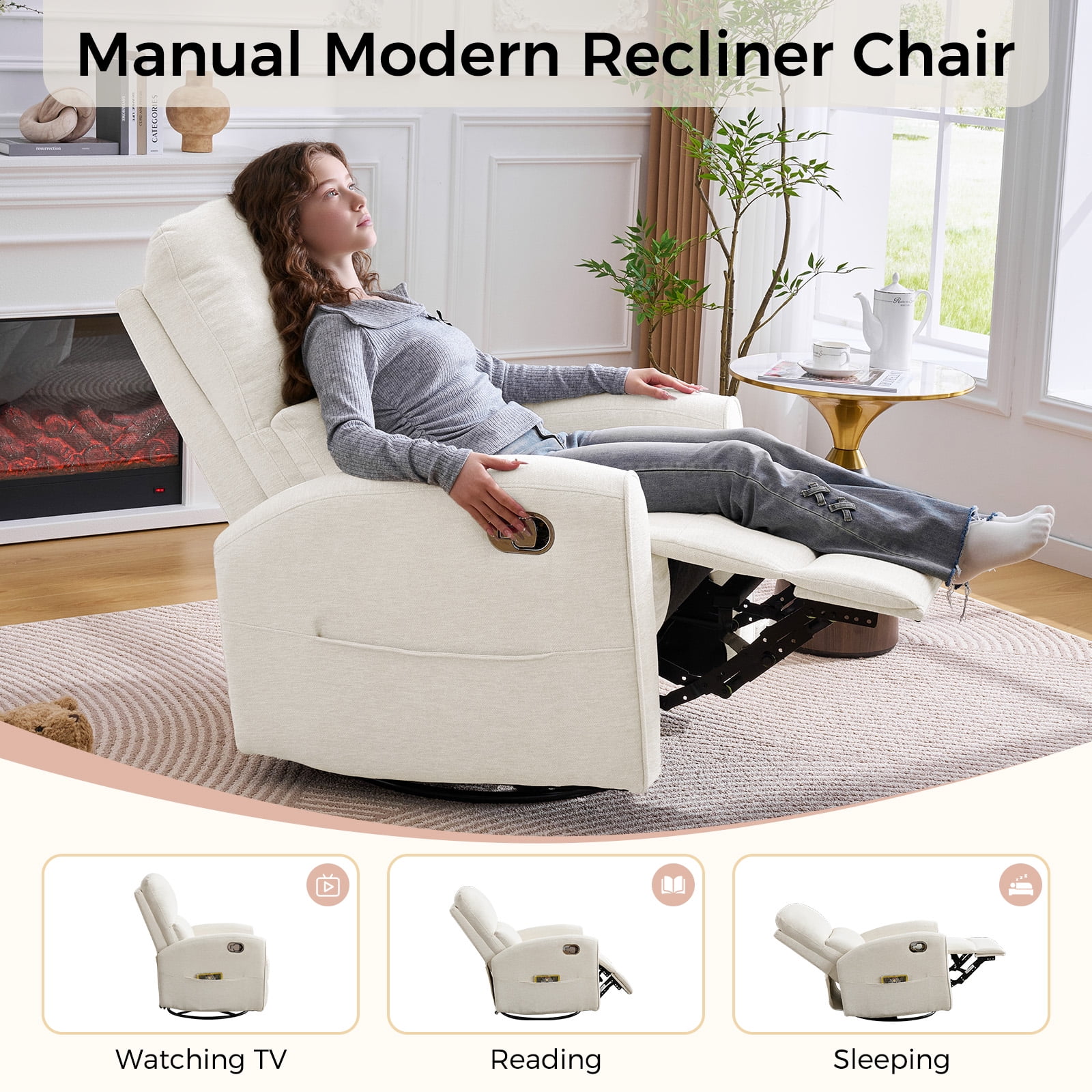 Aemeios Manual Recliner Swivel Chenille Glider Chair with Adjustable Headrest, White