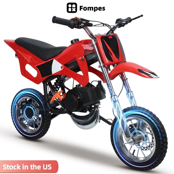 Fompes Dirt Bike 2-Stroke 49cc Dirt Bike for Kids Gas Power Motorcycle Off-Road Mini Dirtbike with Off-Road Tires Disc Brakes Shock Absorption Up to 25 MPH Easy Pull Start - Red