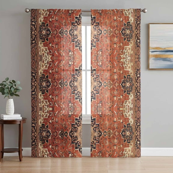 Brown Red Semi Sheer Window Curtains 84 Inches Long, Vintage Boho Ethnic Geometric Abstract Art Rod Pocket Voile Silky Chiffon Curtain Light Filtering Drapes for Living Room, 52"x84", 2 Panels