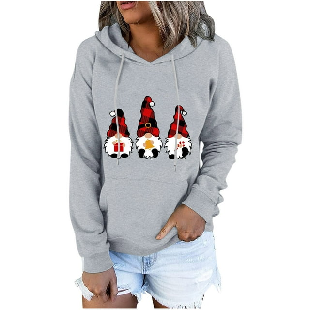 Fridja Chandail à Capuchon pour Femmes, Chandails à Capuchon Boutonnés, Cordon de Serrage, Poche, Imprimé de Noël, Décontracté, Manches Longues, Col en V