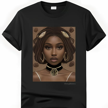 Elegant Black T-Shirt Featuring Stunning Woman with Braided Hair & Gold Jewelry Celebrate Strength & Beauty