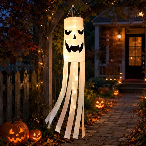 Halloween Decorations Ghost LED Light Up Fabric Hanging Ornament, Halloween Porch Tree Decor, Indoor Outdoor Party Display, Seasonal Hanging Accent