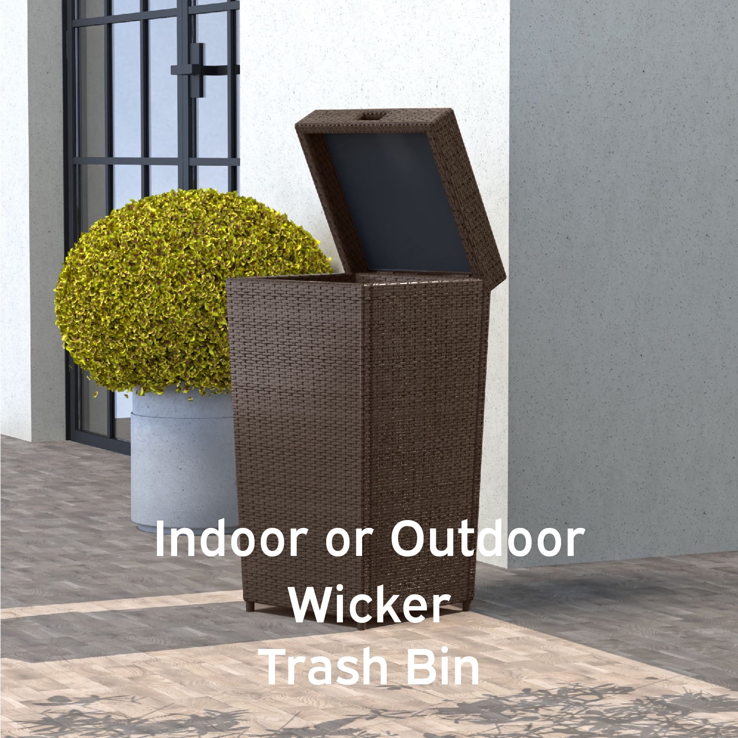 Hearth & Harbor 35 Gallon Outdoor Trash Can with Lid, Hideaway Wicker Rattan Garbage Can, Brown