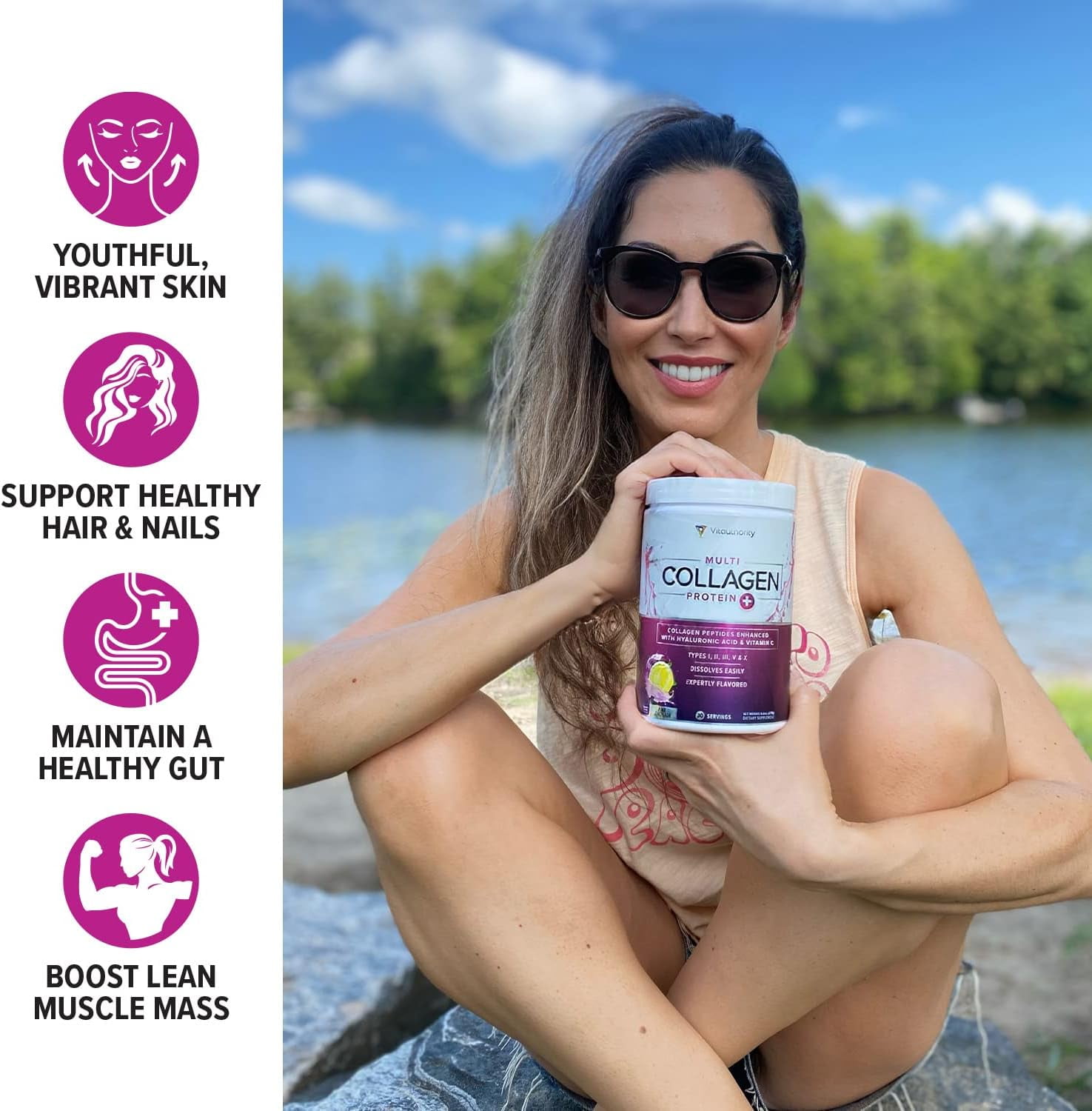Vitauthority Multi Collagen Peptides Hydrolyzed Protein Powder with Hyaluronic acid & Vitamin C, Pink Lemonade, 9.7 oz