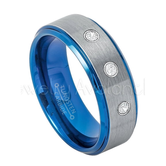 2-Tone Blue IP Tungsten Ring - 0.21ctw Diamond 3-stone Band - Personalized Tungsten Wedding Ring - Custom Made April Birthstone Ring TN744BS