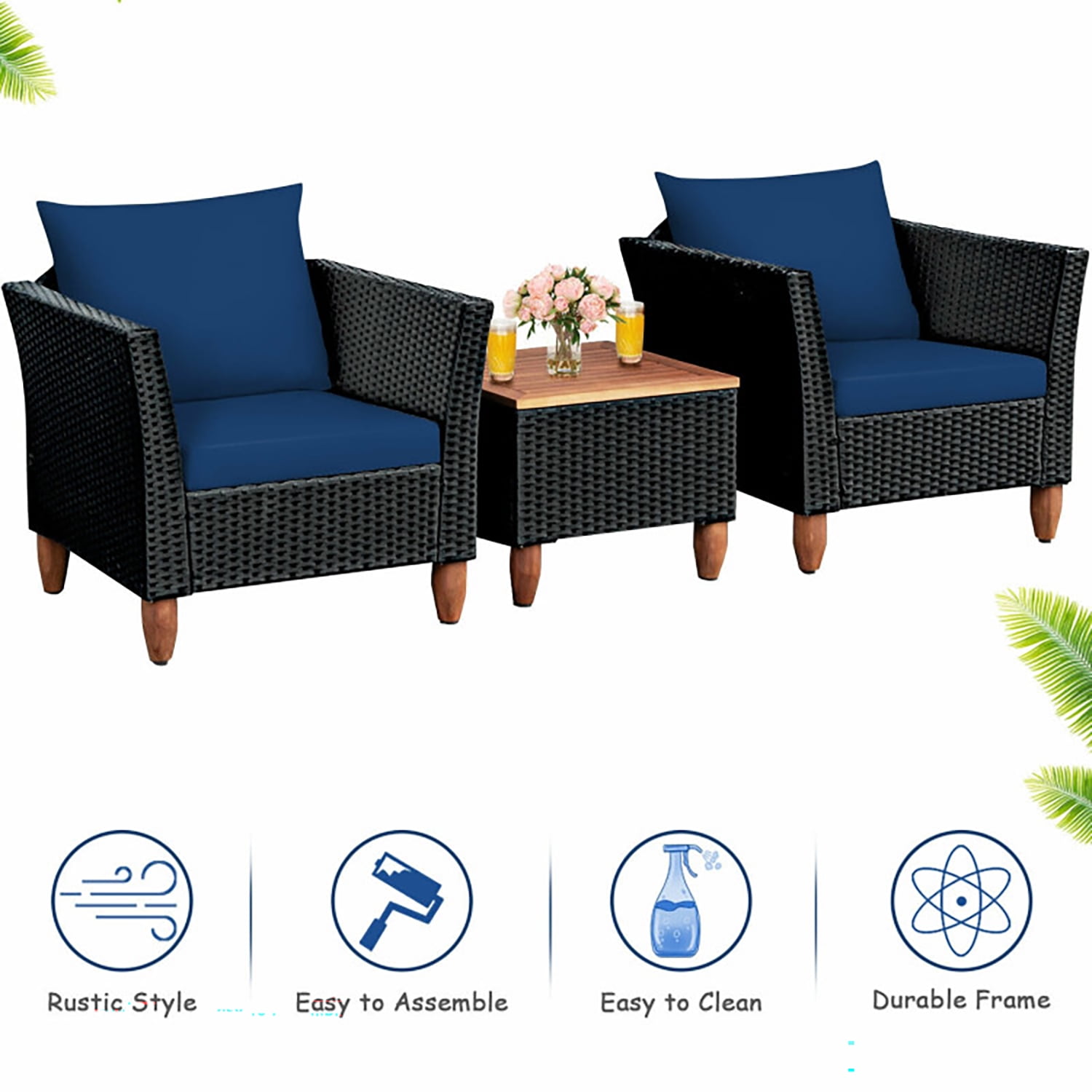 Aimee Lii 3 Pieces Outdoor Patio Rattan Furniture Set with Coffee Table, Modern Patio Furniture, Navy