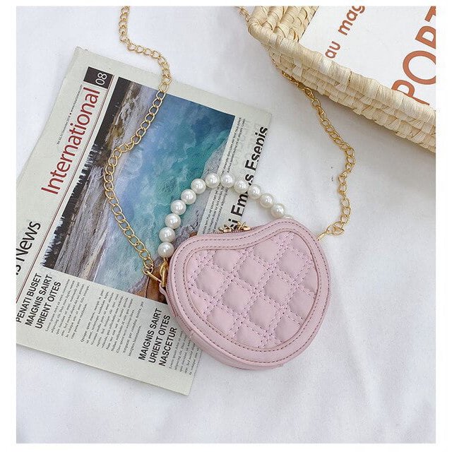 LinYooLi Mini Coin Wallet Pouch Pearl Handle Girls Shoulder Bag Princess Hand Bags Kids Purses Cute Childrens Heart-shaped Crossbody Bag