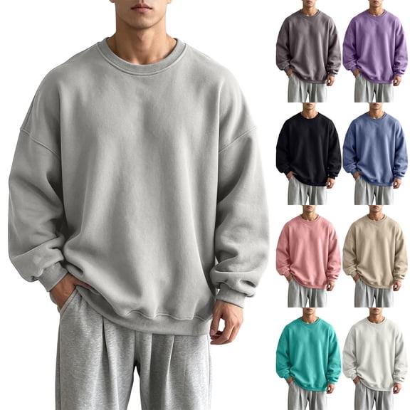 XRoczxe Unisex Solid Crew Neck Sweatshirt Oversized Drop Shoulder Long Sleeve Pullover Casual Fleece Basic Sweat Top Neutral Couple Matching Outfit Multiple Plain Colors Black Gray