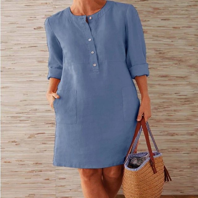 CHOK Robe à Manches Longues en Coton et Lin