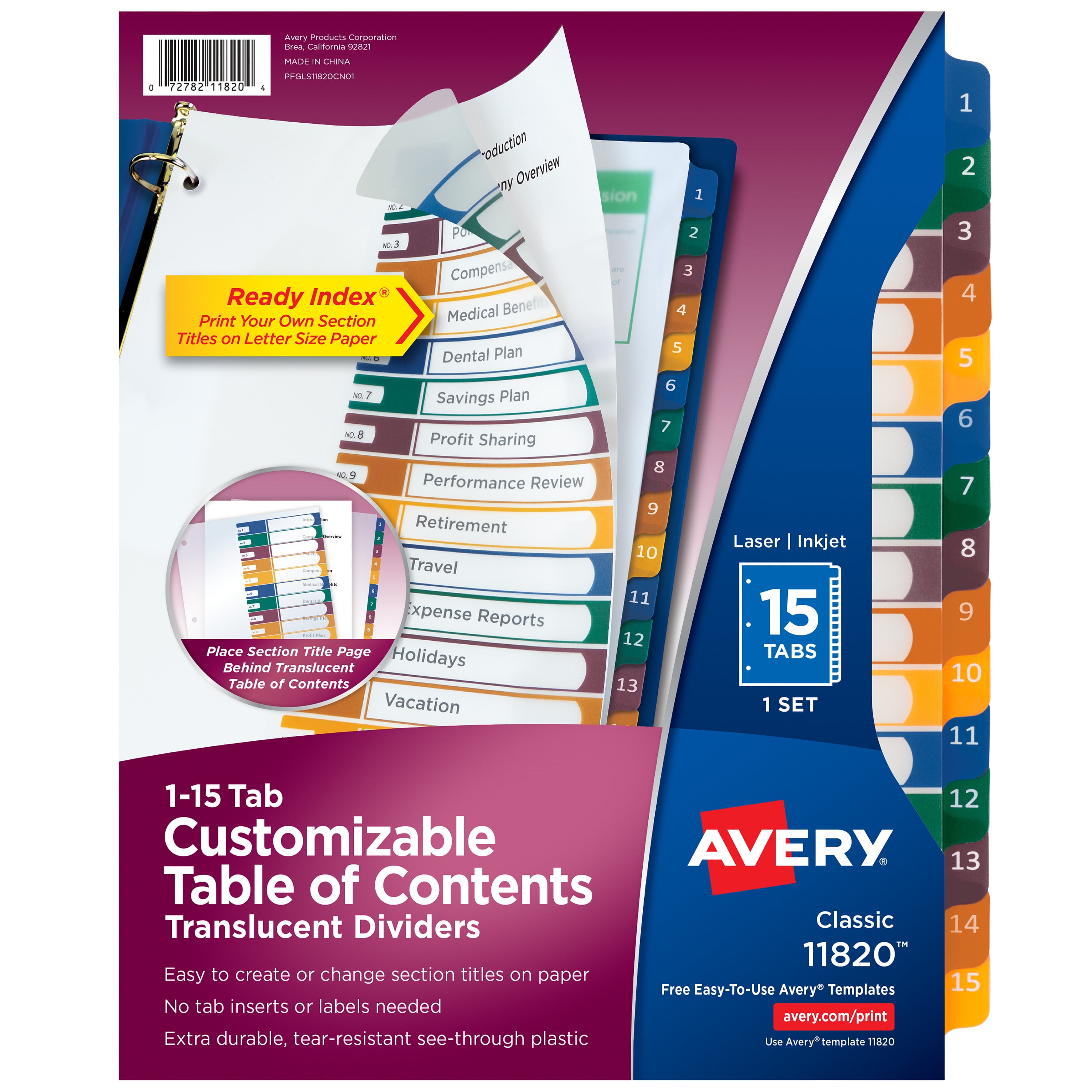 Avery Ready Index Plastic 15 Tab Binder Dividers, Customizable Table of Contents, Multicolor Tabs, 1 Set (11820)