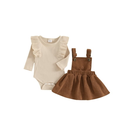 

Baby Toddler Girl Fall Outfit 0 3 6 9 12 18 Months Solid Ruffled Long Sleeve Crew Neck Romper with Corduroy Suspender Skirt 2 Pcs Clothing Set