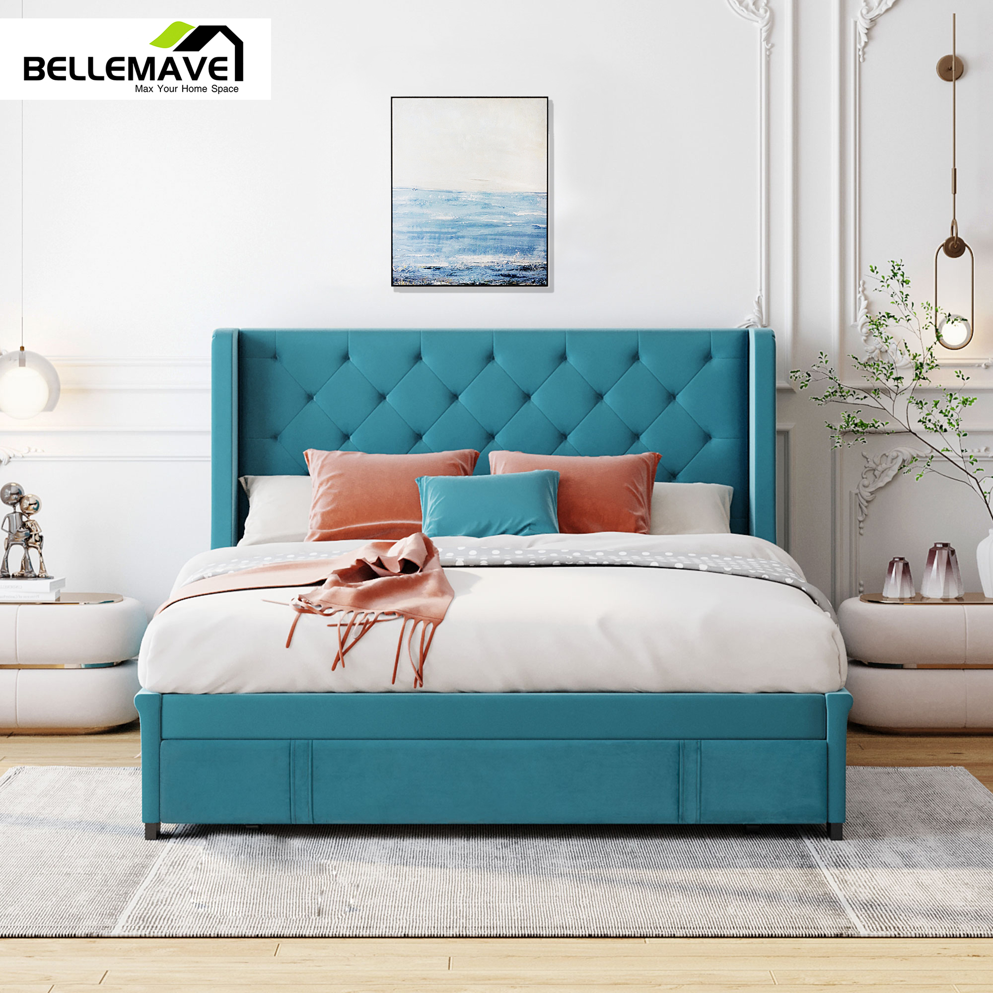 Bellemave Queen Upholstered Platform Bed Frame with Drawer, Storage Bed With Tufted Wingback Headboard, Blue - image 1 of 7