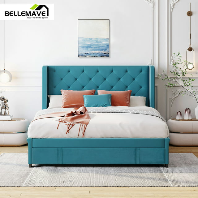 Bellemave Queen Upholstered Platform Bed Frame with Drawer, Storage Bed With Tufted Wingback Headboard, Blue