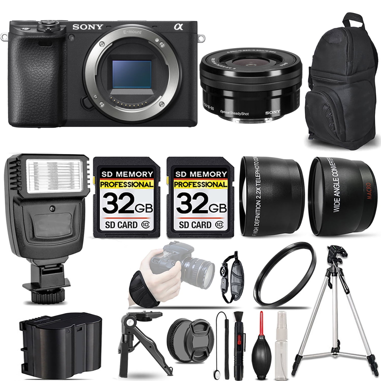 Sony a6400 Mirrorless Camera +1650mm f/3.55.6 OSS Lens +Flash +64GB