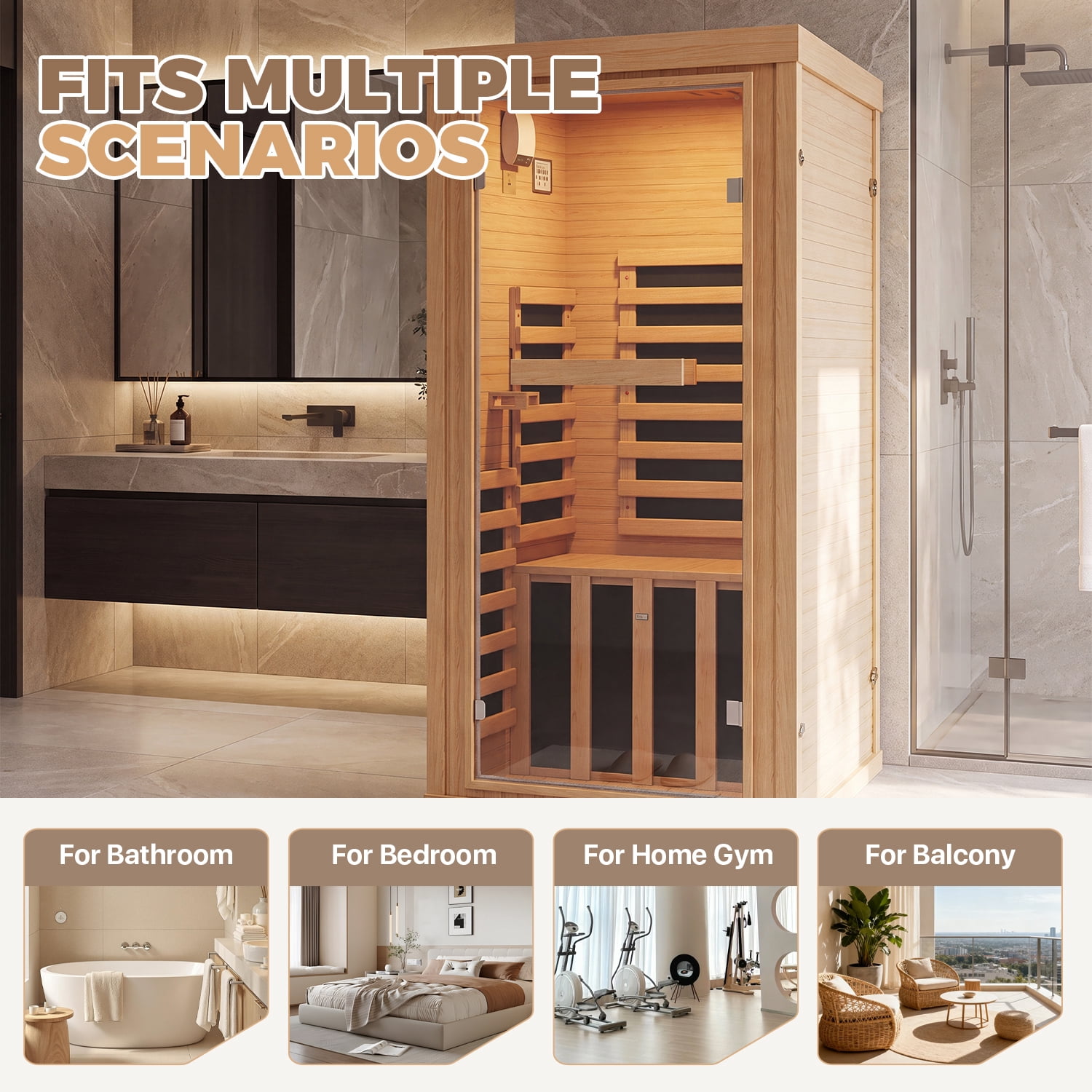 BaPiPro Infrared Sauna, 1-Person Home Far Wood Sauna with Whole Glass, Canadian Hemlock Dry Sauna Spa Room with Low EMF Carbon Fiber Panels, Indoor Sauna with LED Light & Bluetooth Speaker
