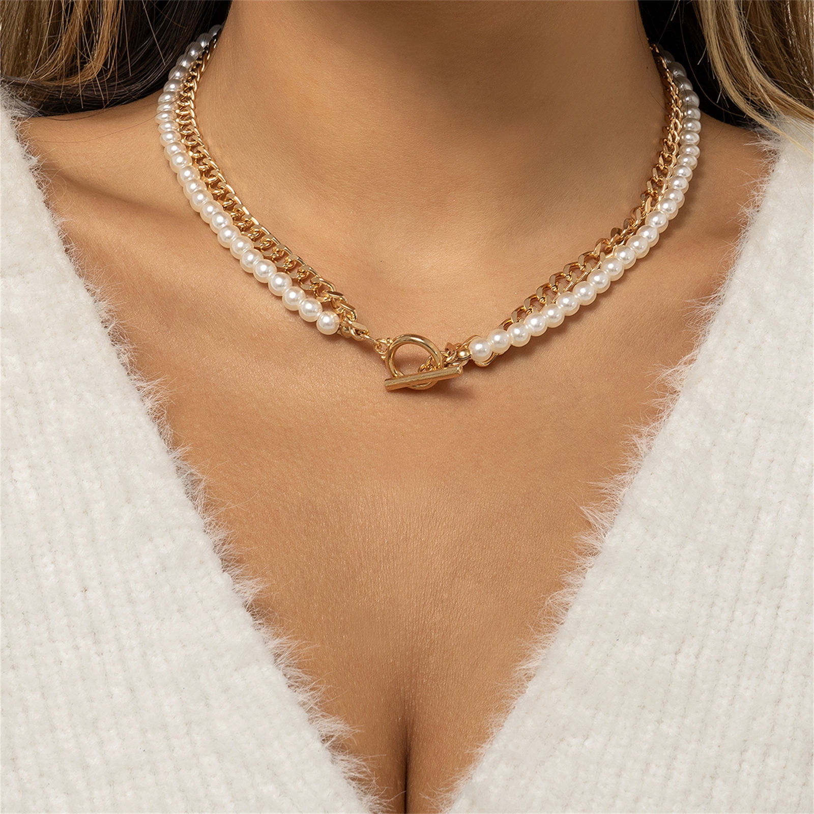 Yuelianxi Vintage Metal Gold Multilayer Pearl Choker OT Necklace Ladies  Jewelry 