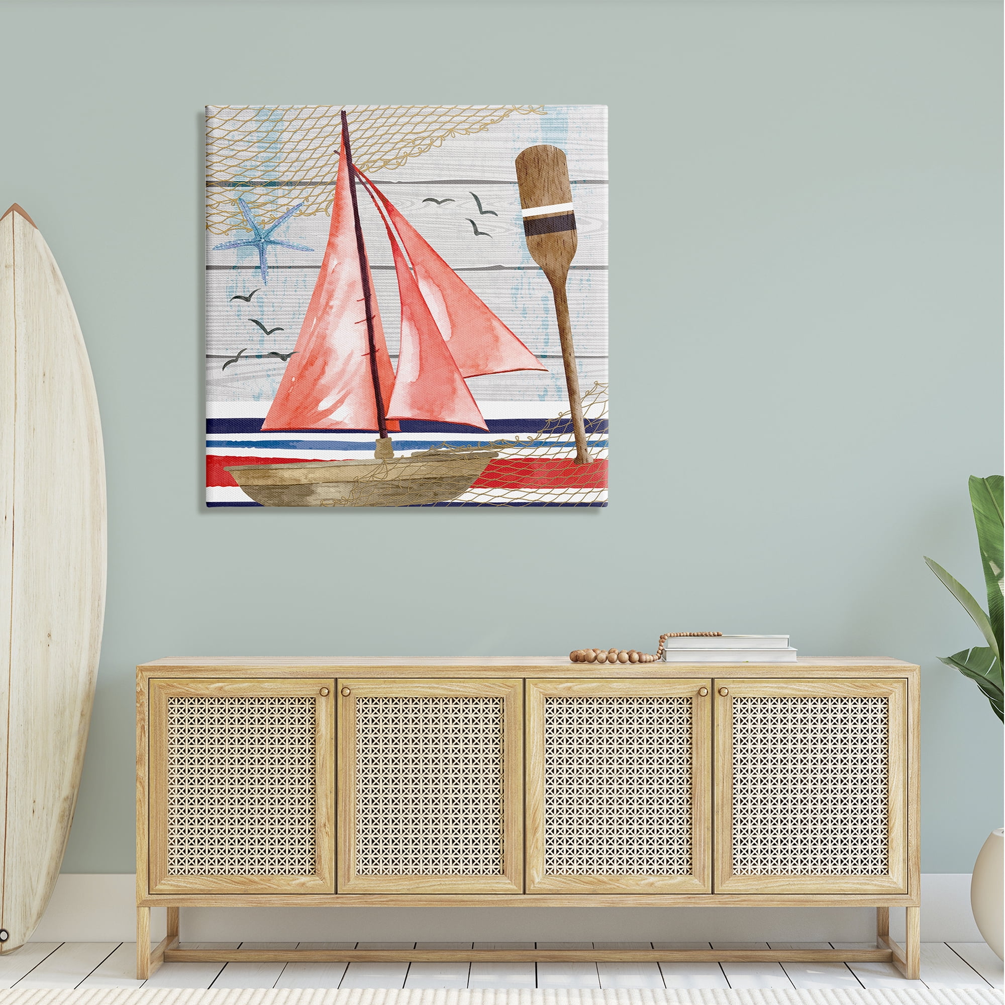 Stupell Coastal Plank Pattern Sailboat Landscape Painting Gallery Wrapped Canvas Print Wall Art