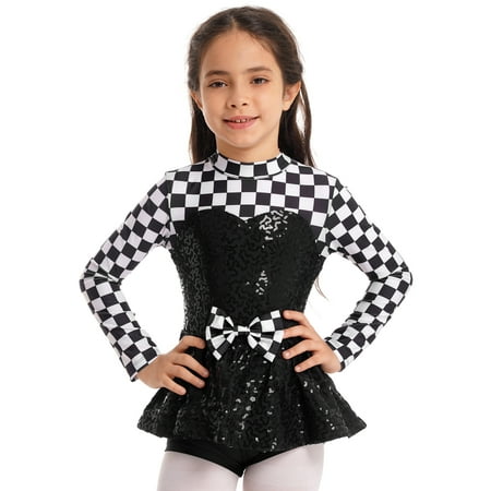 JanJean Girls Kids Colorblock Long Sleeve Sequin Dance Leotard Ballet Dance Unitard Bodysuit Black 4