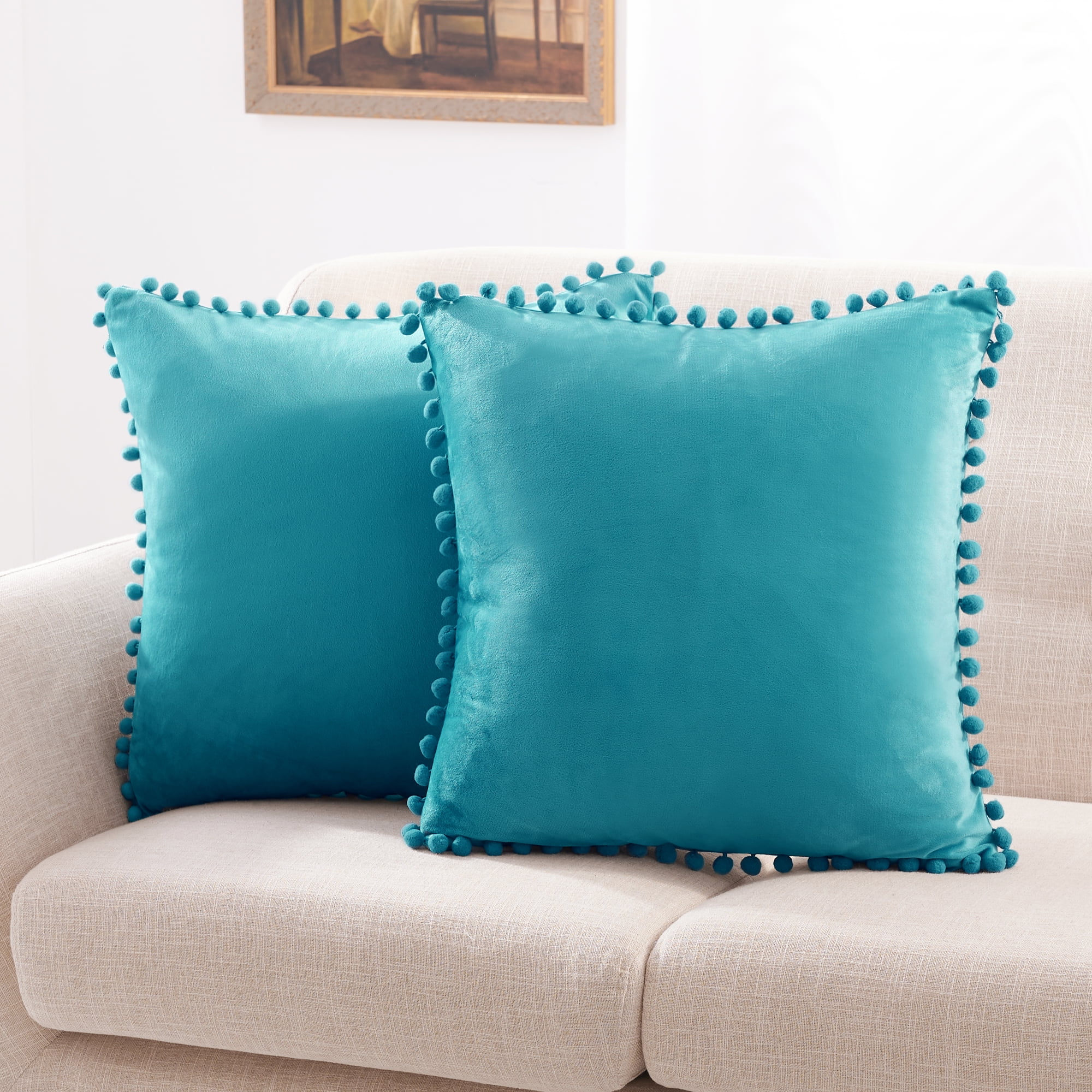 Deconovo Pack Of 2 Decorative Pom Poms, Zippered Leather Couch Cushion Covers