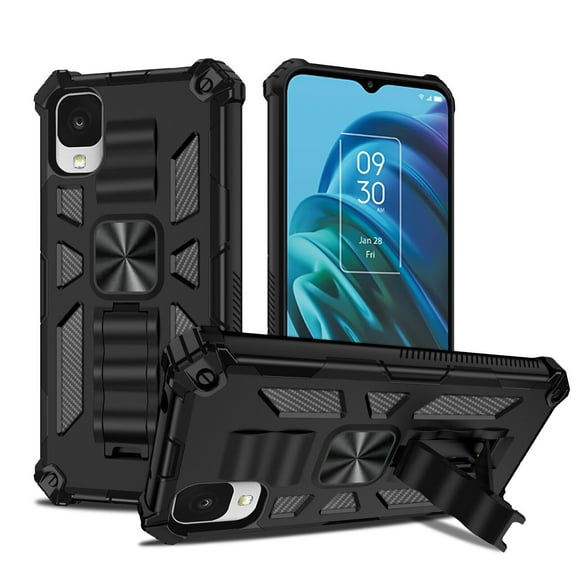 For TCL ION Z Case Kickstand Phone Cover Full Protection Armor Shockproof Rugged Case with Free 9H Tempered Glass Screen Protector - Black