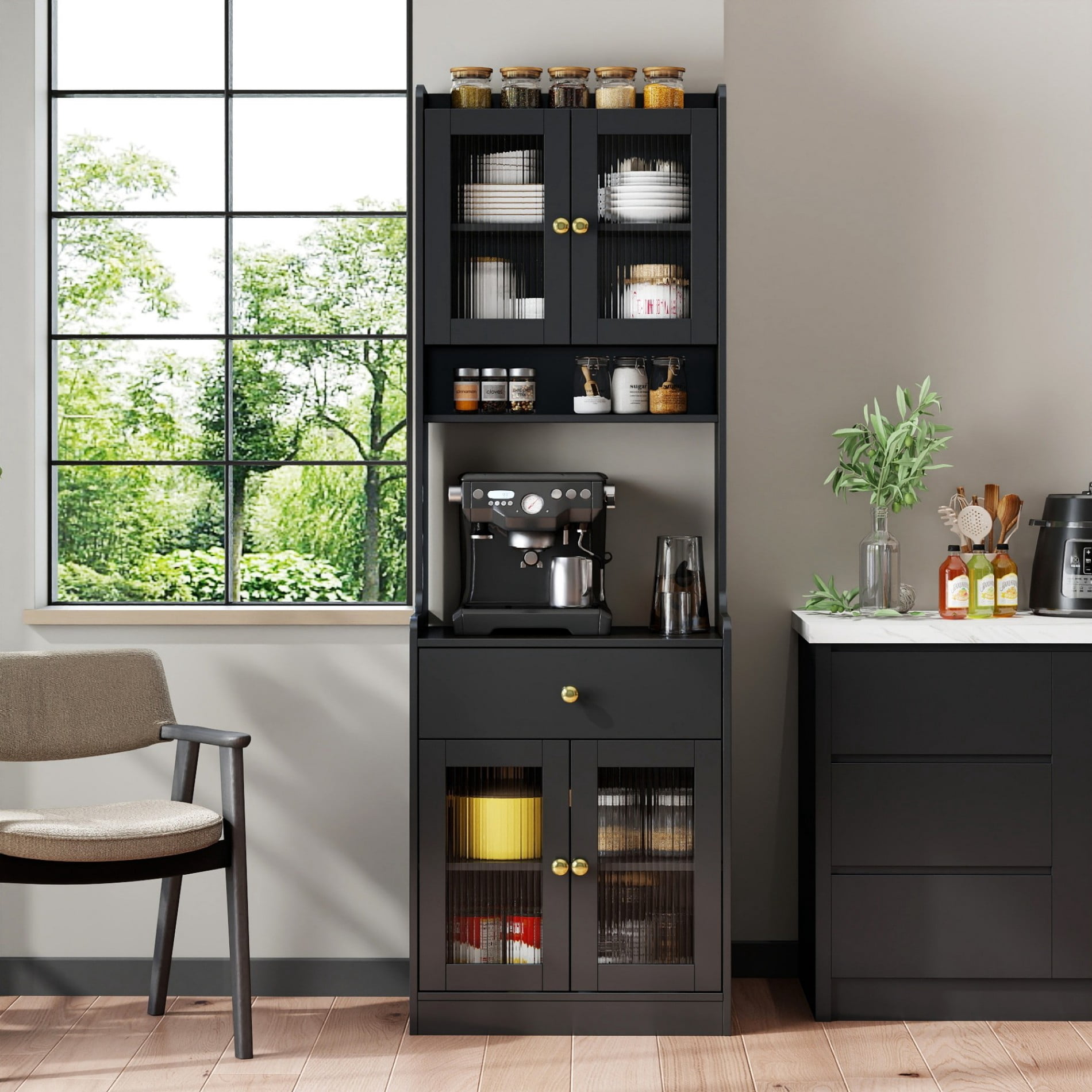 Kitchen Pantry Hutch Cabinet, Farmhouse Buffet Sideboard with Microwave Stand, Coffee Bar Cabinet with Storage Shelves and Drawer, Black