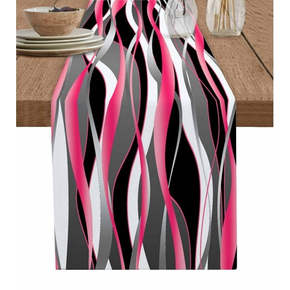 Pink Stripe Table Runner Cotton Linen 108 Inch Holiday Dresser Scarves, Gradient Grey Moire Geometric Modern Abstract Tablerunner for Kitchen Coffee Dining Bedroom Dinner Scarf Décor 13''x108''