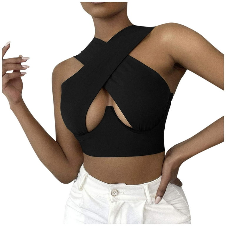 Women s Crisscross Cut Out Vest Halter Wrap Crop Top Solid Cami Tank Tops Walmart