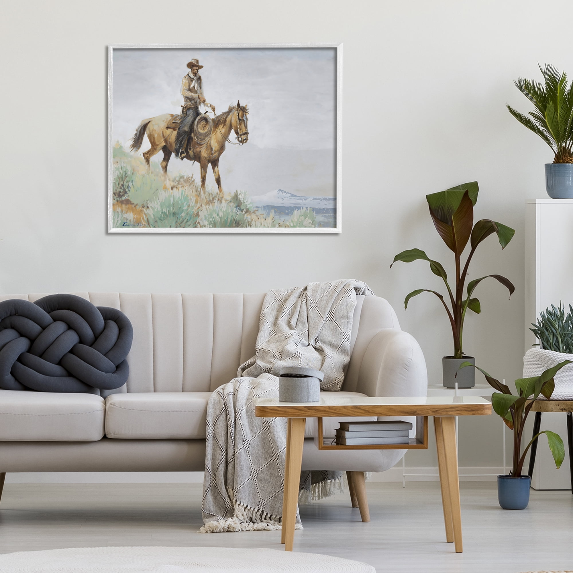 Stupell Industries Mounted Cowboy on Sagebrush Ridge White Framed Giclee Art, design by Arlington Prints