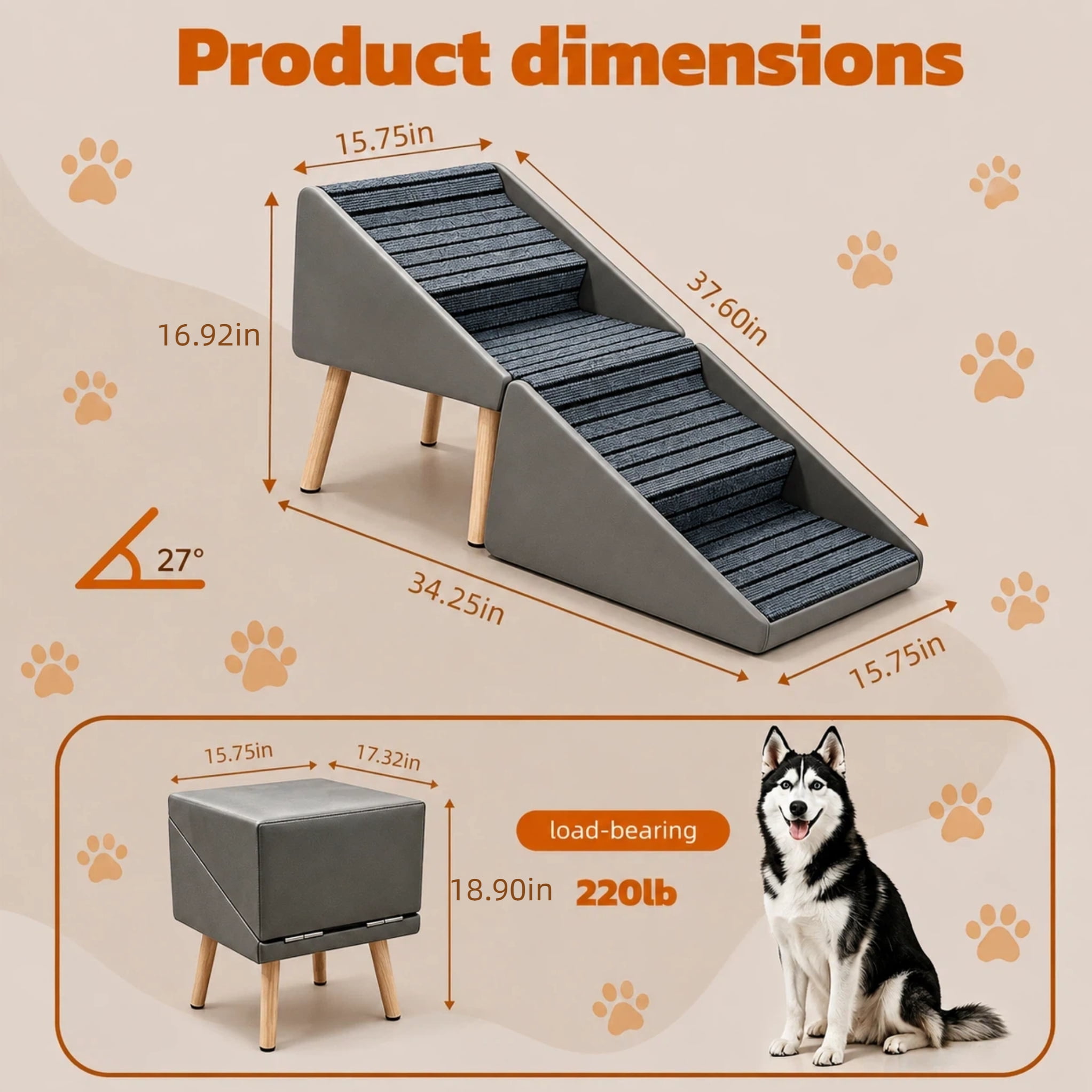 2-in-1 Dog Stairs for Bed and Couch 19.69" Foldable Dog Ramp for Couch 4 Pet Steps & Ottoman for Small Dogs, Grey