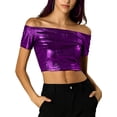 thumbnail image 1 of INSPIRE CHIC Women's Metallic Shiny Party Off Shoulder Crop Top, 1 of 6