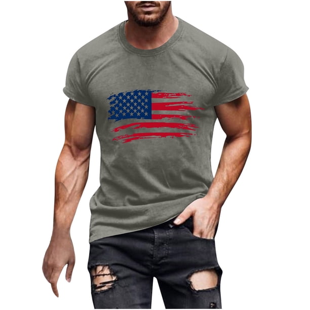 Mens Casual Manga Corta Botón Abajo Camisetas Estados Unidos Bandera Impresión Cuello Redondo Suéter Camiseta, Poliéster Casual Uso Diario para Hombres
