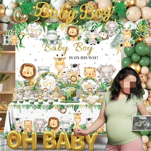 Safari Baby Shower Decorations,387pcs Jungle Baby Shower Decorations Sweet Boy Baby shower Theme Plates and Napkins Cups Tablecloth Backdrop Topper Balloons for Boy Wild Birthday Decorations