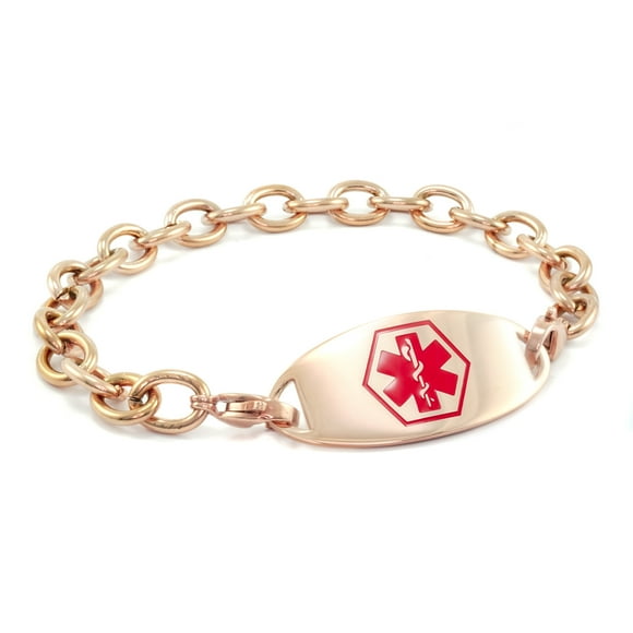MedicEngraved Surgical 316L Stainless Steel Medical ID 8mm Rose Gold Toned Link Bracelet with Enamel Medical Tag - Medical Engraving Included