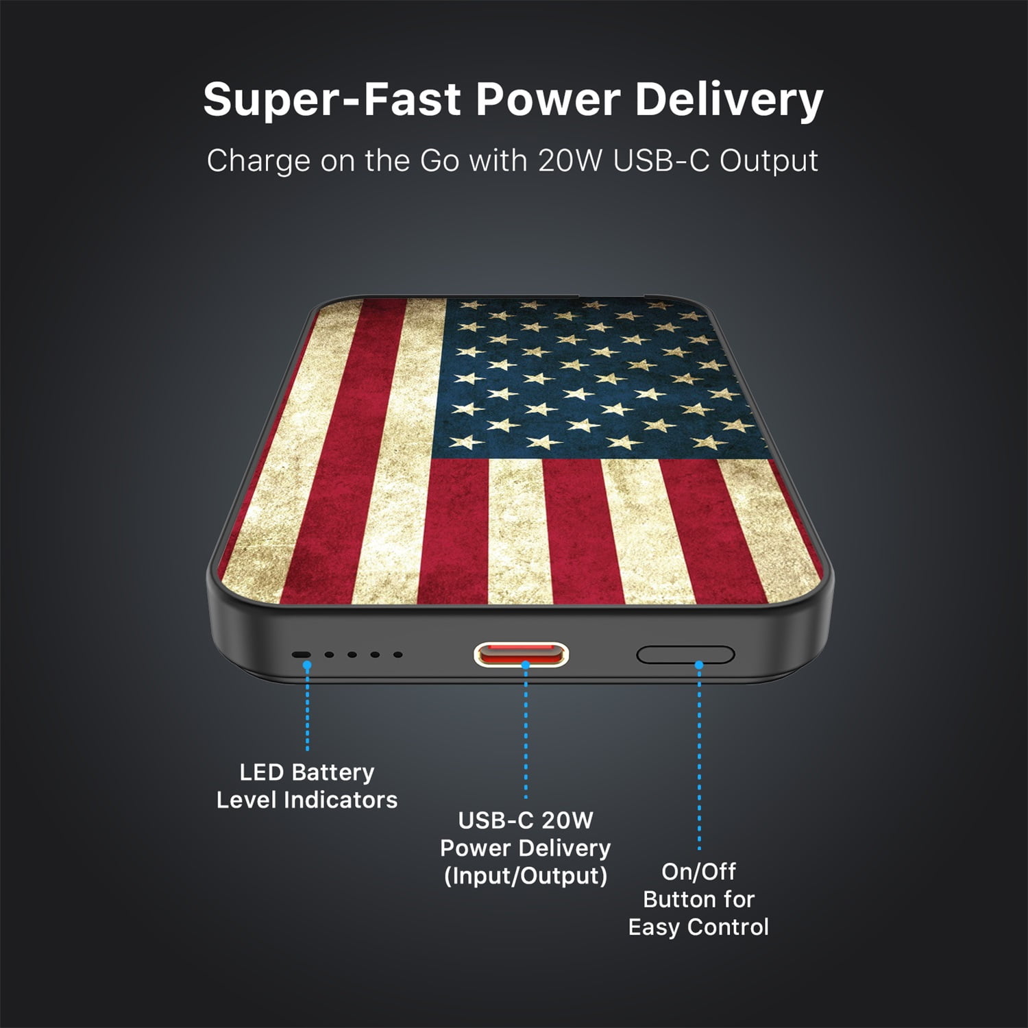 MyBat Design Lab 5000mAh Magnetic Wireless Power Bank - Black - American Flag