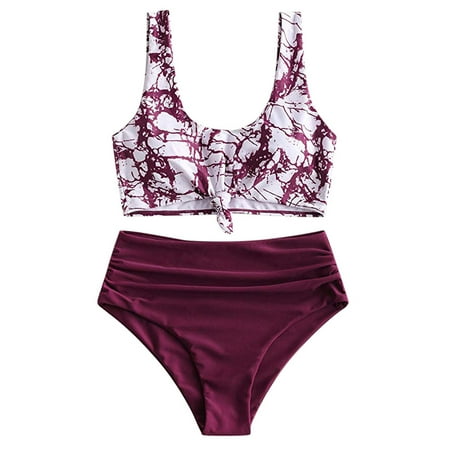 Womens Swimsuits Beachwear Watercolo Print Bikini Padded Tankinis Set Red Bathing Suit for Women XL