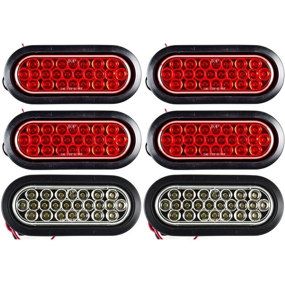 4 Red   2 White 6" Oval LED Trailer Tail Light Kit [DOT Certified] [Grommets & Plugs Included] [IP67 Waterproof] Stop Brake Turn Reverse Back Up Trailer Lights for RV Truck Jeep