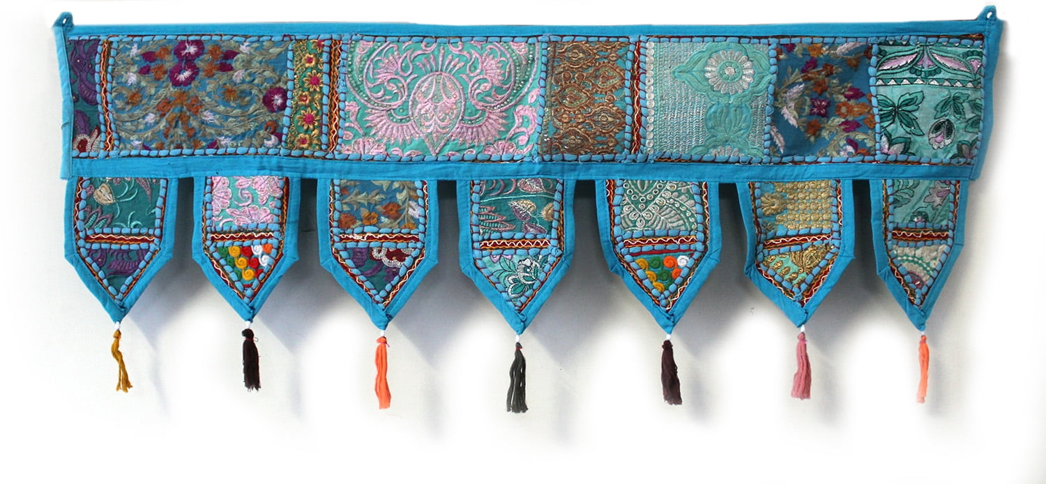 Indian Blue Vintage Patchwork Embroidery Toran Door Valance Wall Hanging Decor 