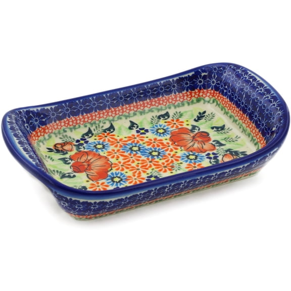 Polish Pottery 9¾-inch Platter with Handles (Bold Poppies Theme) Signature UNIKAT Hand Painted in Boleslawiec, Poland   Certificate of Authenticity