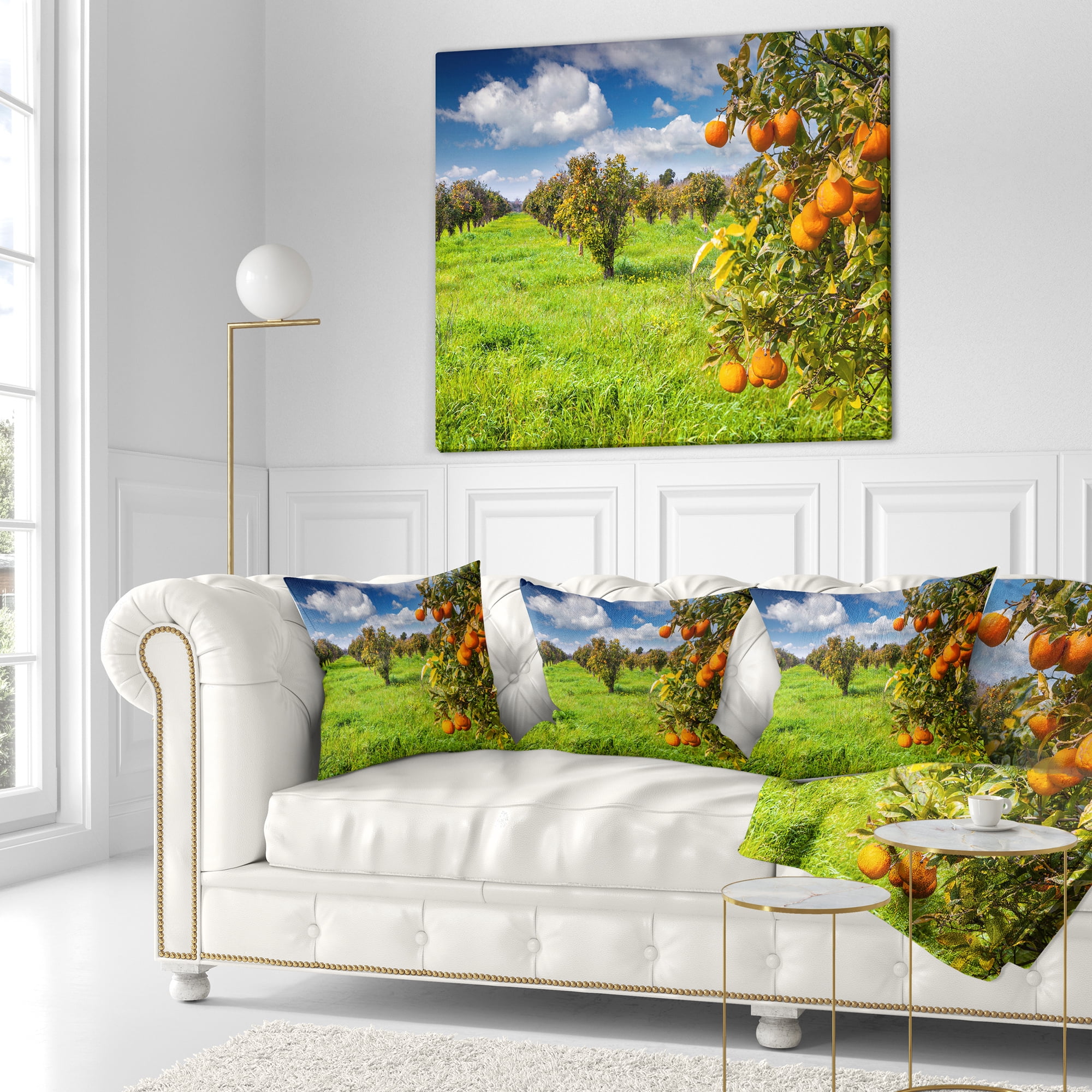 Designart Bright Green Grass in Orange Garden - Landscape Printed Throw Pillow - 18x18