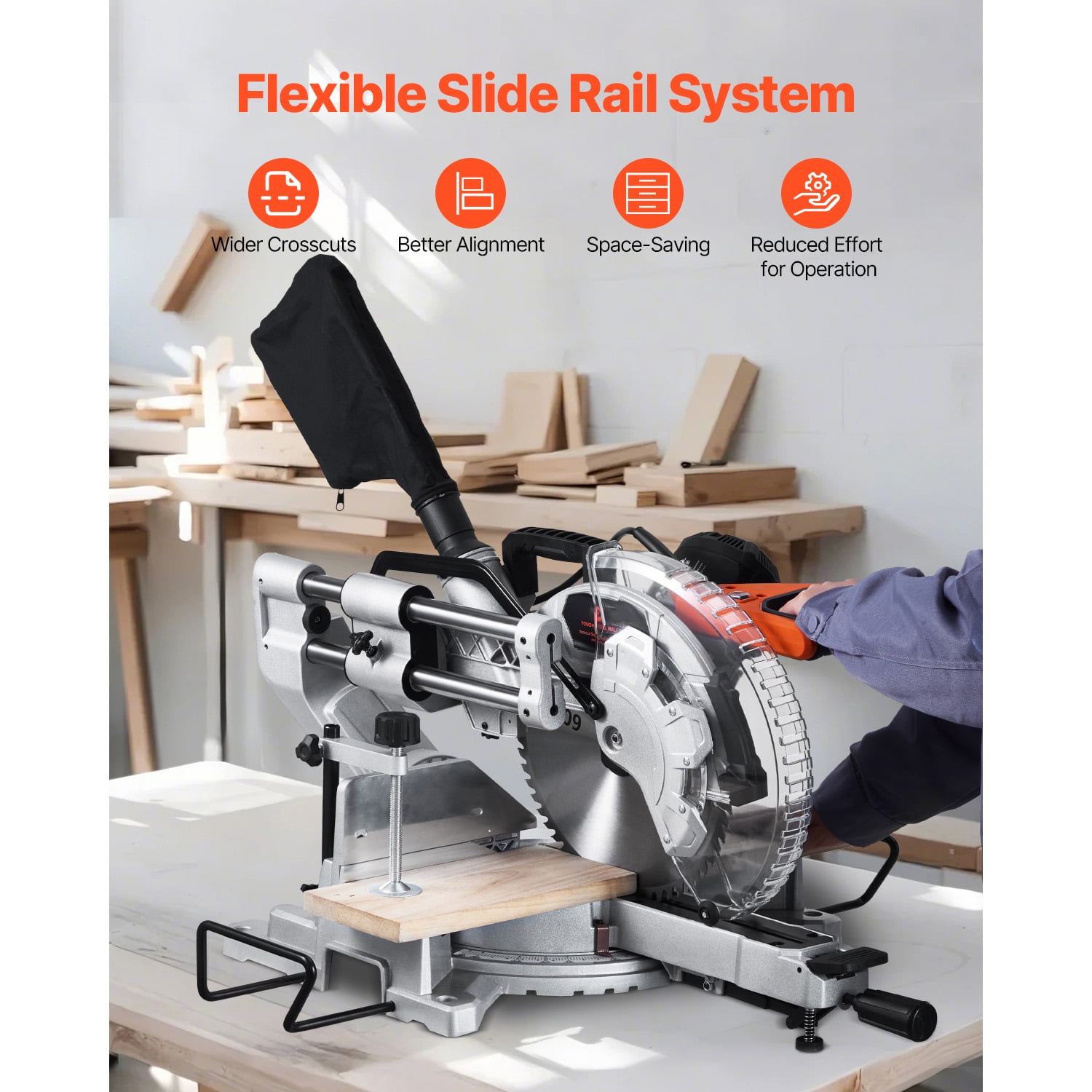 KFFKFF Compound Miter Cutter, Blade of 12 Inches, Motor of 15 Amp, 60-Tooth, Corded Dual Bevel Sliding Miter Cutter, LED for Accurate Alignment, Adjustable Angle, Suitable for Wood