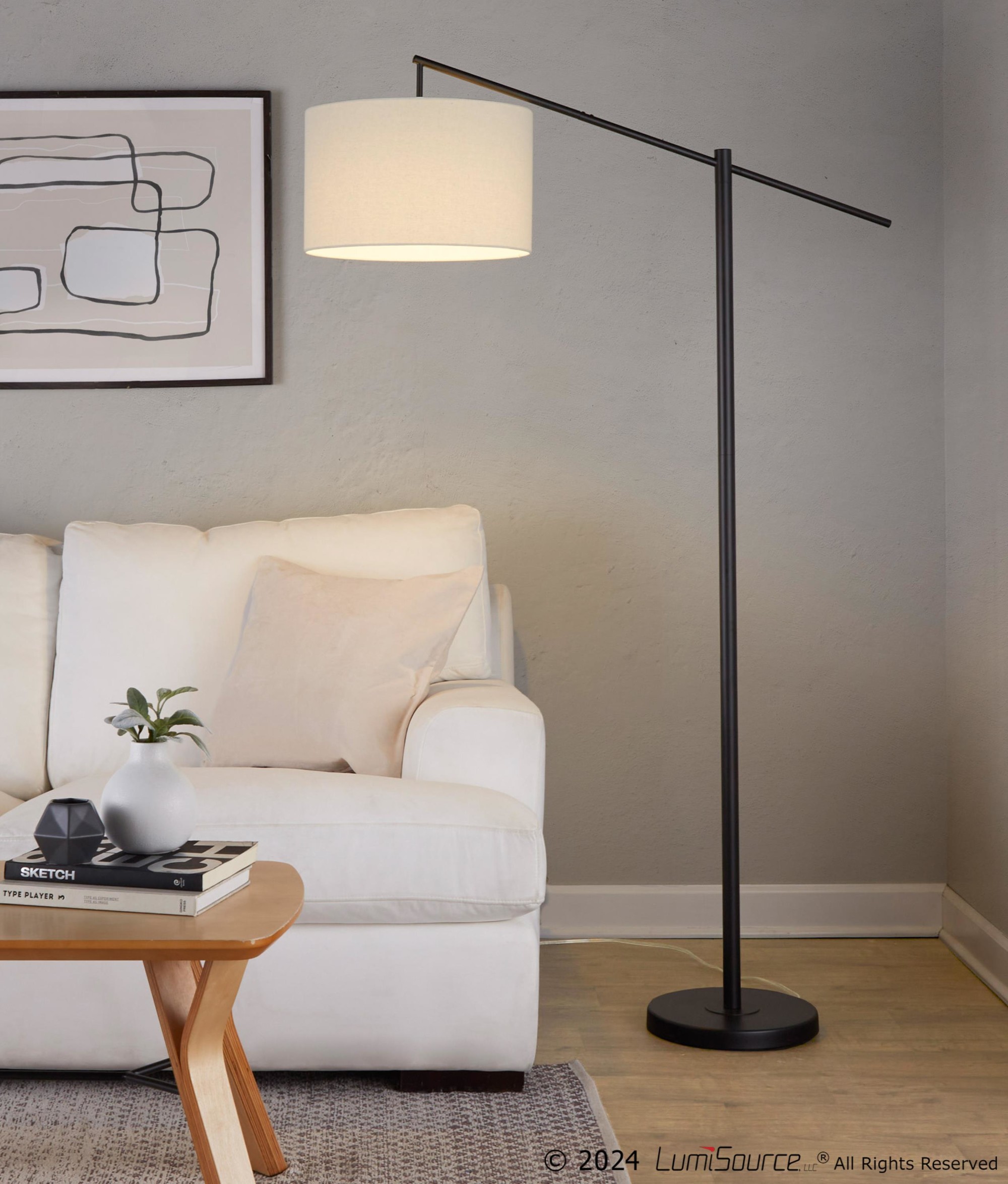 LumiSource Matte Black Metal, Natural Linen Casper 69" Metal Floor Lamp