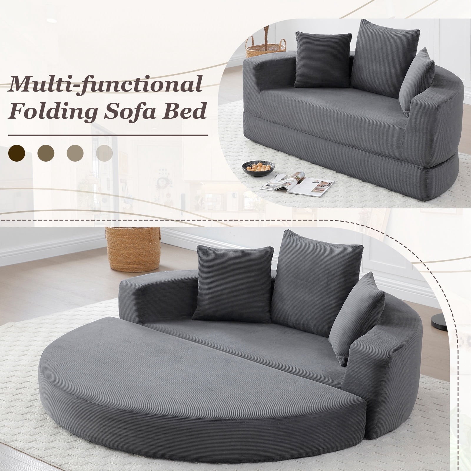 MOONMISS Convertible Sofa Couch Bed,Multi-Functional,Circular Bed,Adjustable Futon Sofa For Apartment Office Bedroom Living Room,Gray