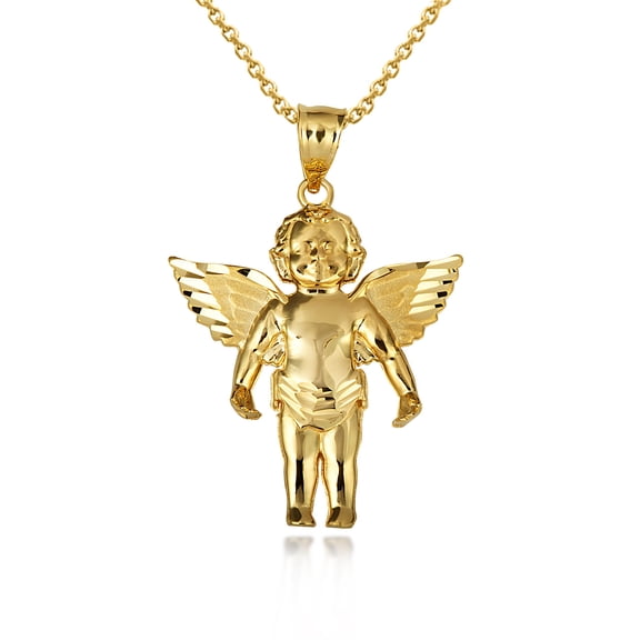 10k Yellow Cherub Angel Wings Diamond Cut Pendant (Small/Large) (SMALL) (16 Inches)