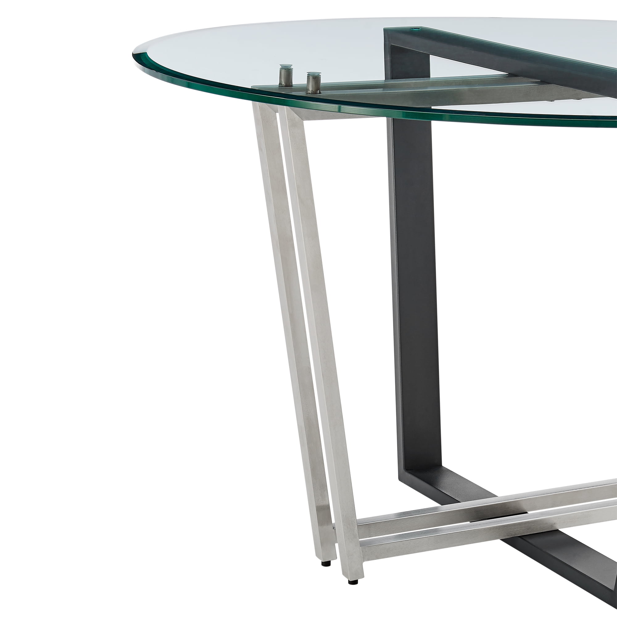 Devi 48" Round Dining Table in Brushed Stainless Steel and Black Iron Base with Glass Tabletop