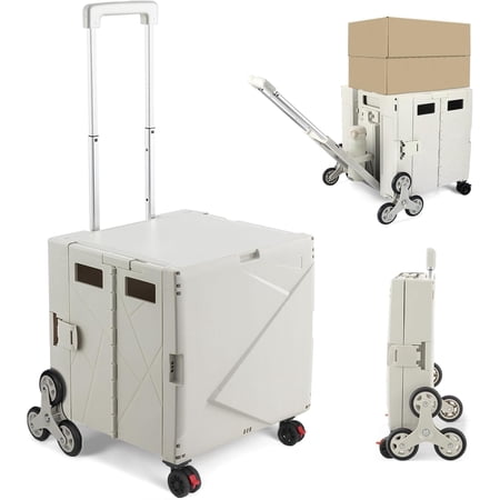 76L Folding Utility Cart Portable Rolling Crate Handcart Shopping Collapsible Tool Box with Stair Climbing Wheels,Hidden Lid,2 Rotate Wheels,for Grocery,Shopping,Office,Storage(White)