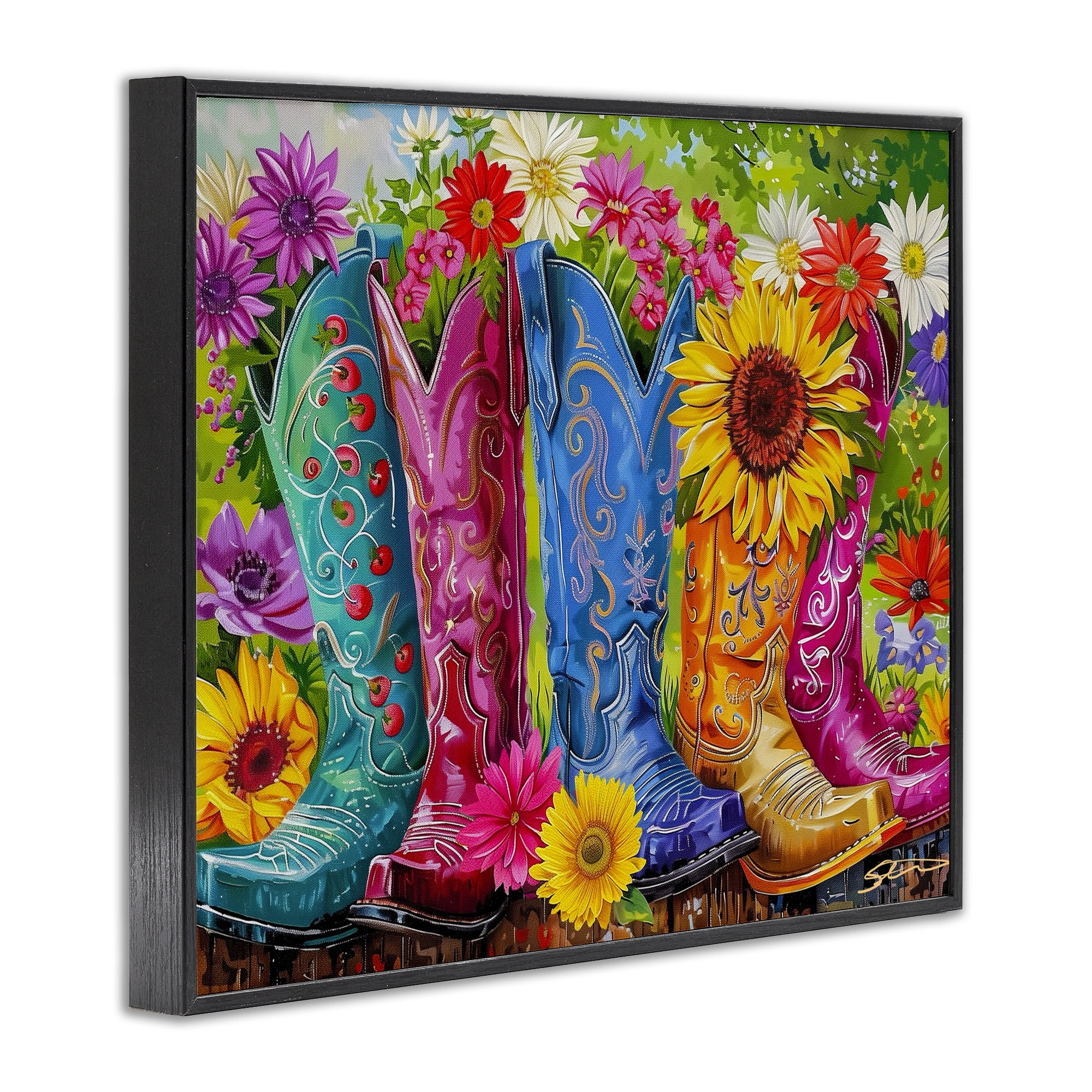 Cowboy Boots and Sunflowers Black Framed Giclee Art, design by Shawna Stewart